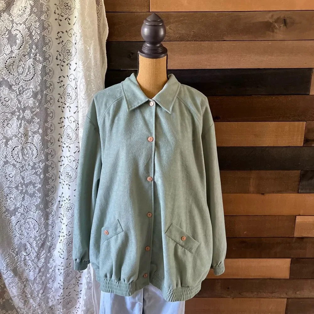 Vintage 80s Seafoam Green Soft Button Up Teddi Lightweight Jacket Plus Size